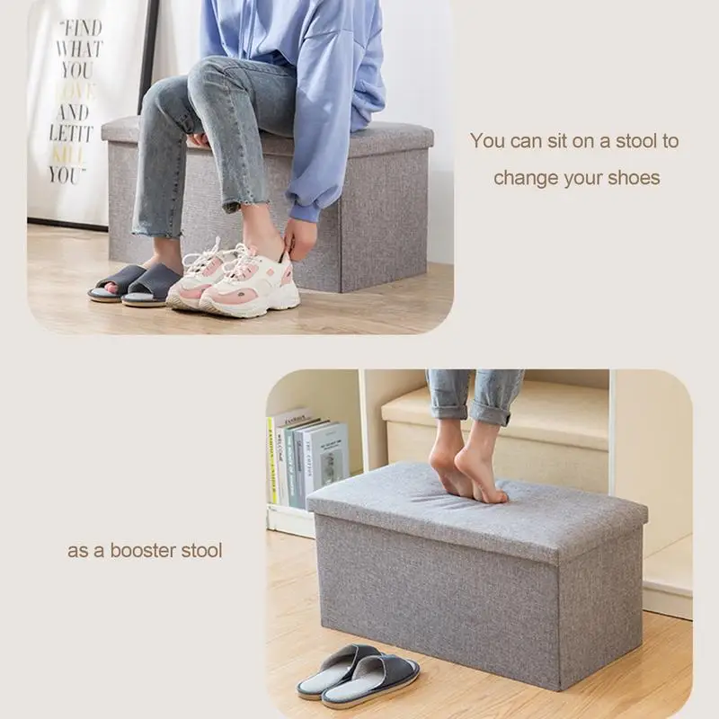 Ottoman Bench Seat Foldable Fabric Chest Seat Shoes Bench Storage Bin Box Cotton Linen Large-Capacity Multifunctional For Toys