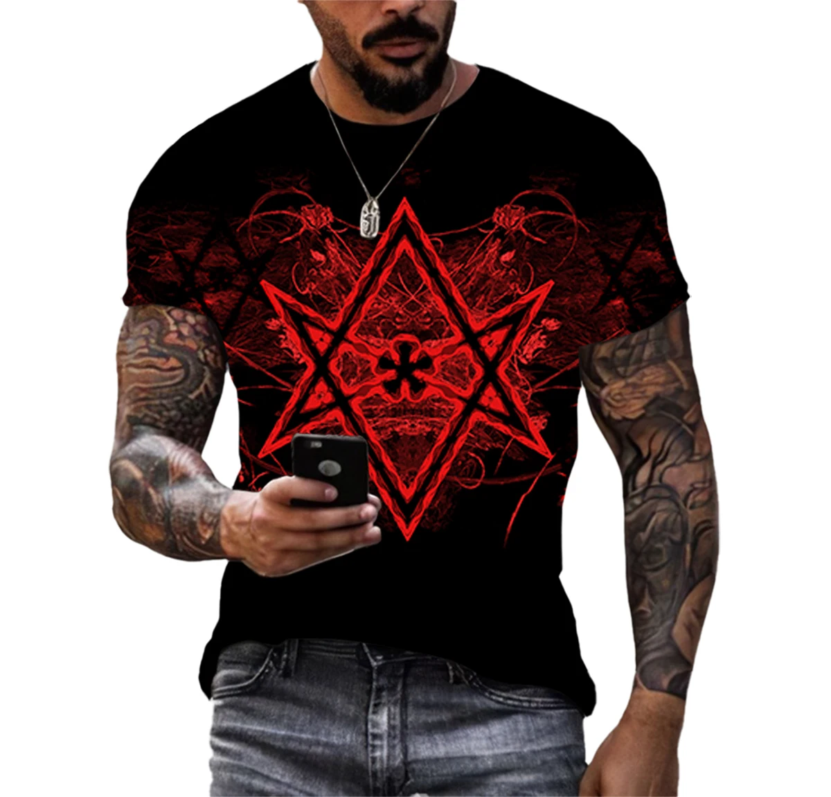 Summer Fashion Creative Pentagram Pattern 3D Printing Men\'s T-shirt Handsome Short-sleeved Fitness Sports Quick-drying Clothes