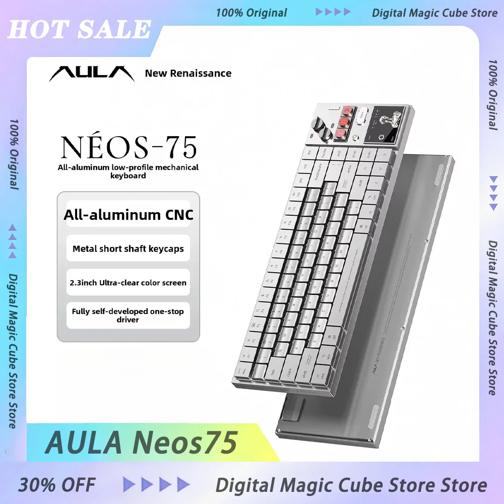 AULA Neos75 Tri-mode Mechanical Keyboard All Aluminum Wireless Low Switch Gaming Keyboard 4200mAh Gasket CNC 2.3inch Screen Gift