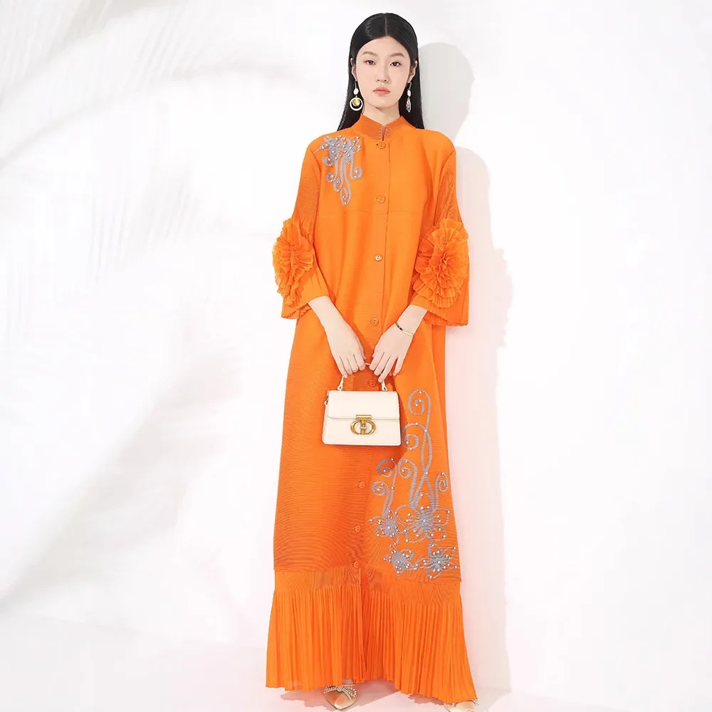 

Miyake Style Pleated Dress Women's New Loose Large Size Handmade Shaking Flower Single-breasted Cardigan Pleated Long Skirt