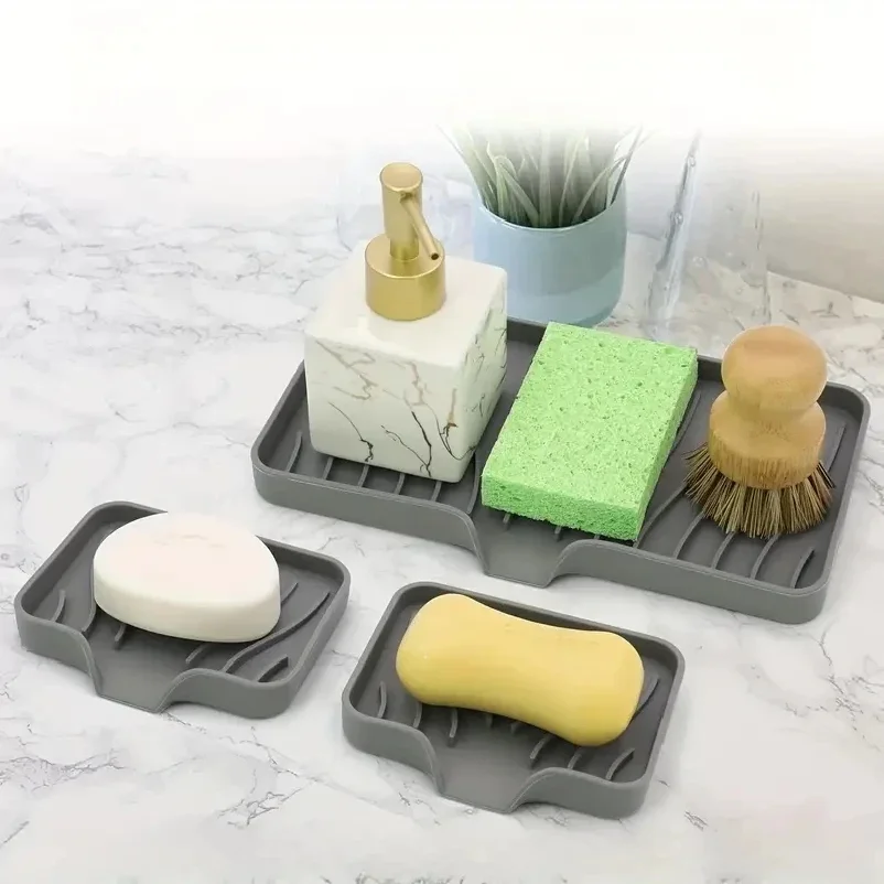 Kitchen storage rack sink silicone tray with drainage soap sponge storage rack countertop sink wiping soap storage convenient fo view 4