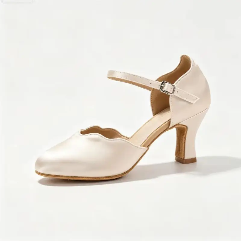 Women's Satin Ballroom Dance Shoes Adjustable Ankle Strap Block Heel for Latin Salsa Waltz Tango Training Closed Toe Dancing San