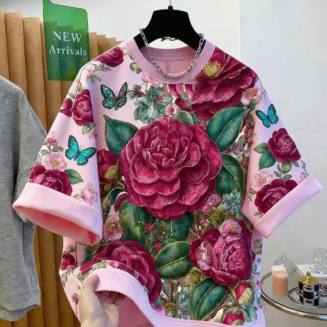 Vintage Rose & Butterfly Print Pink Oversized T-Shirt | Floral Botanical Graphic Tee | Luxury Casual Top Aesthetic Elegant Lady