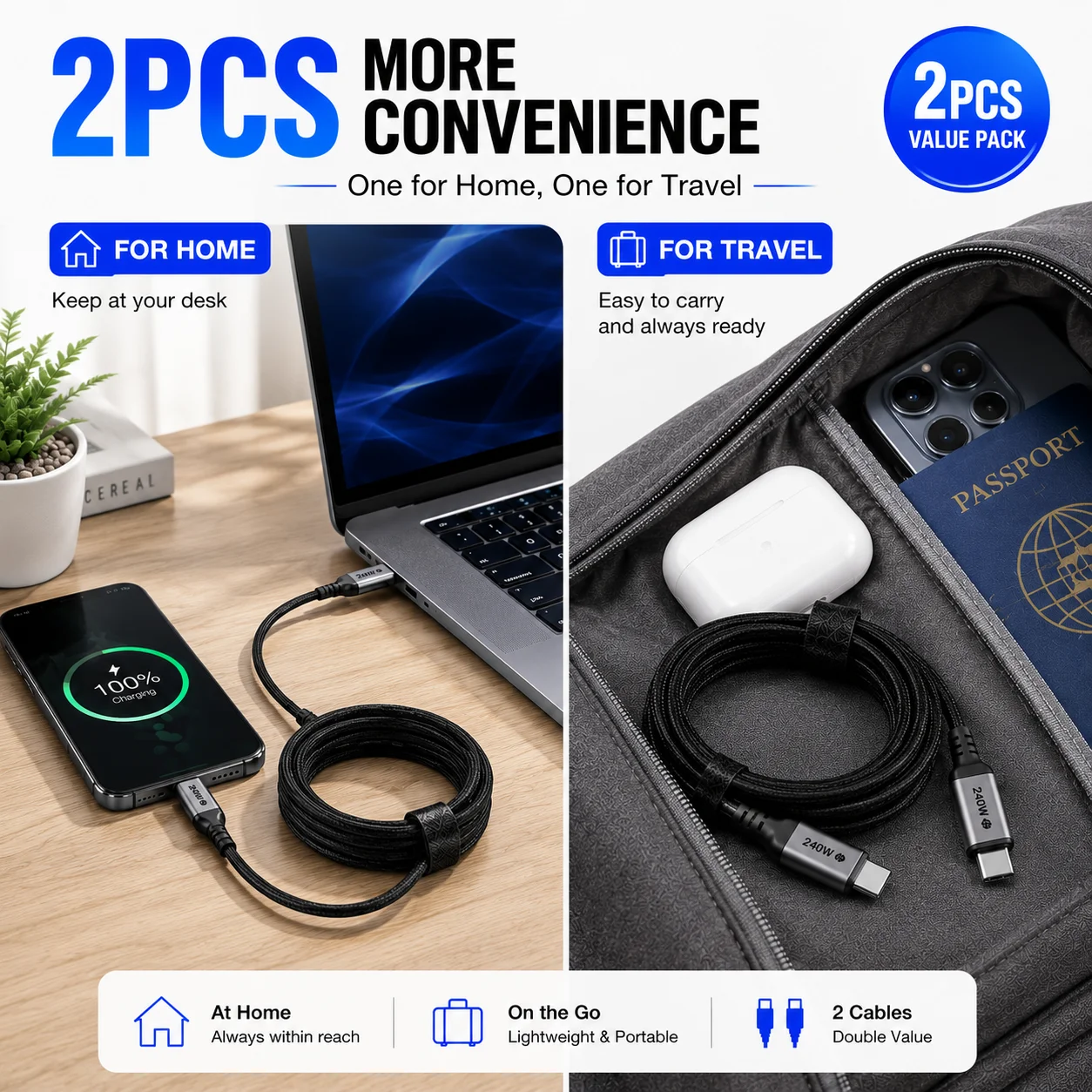 2PCS 240W USB C Black Braided Type C Cable PD3.1 Fast Charging Cord for iPhone 17  MacBook Samsung Huawei Xiaomi Laptop