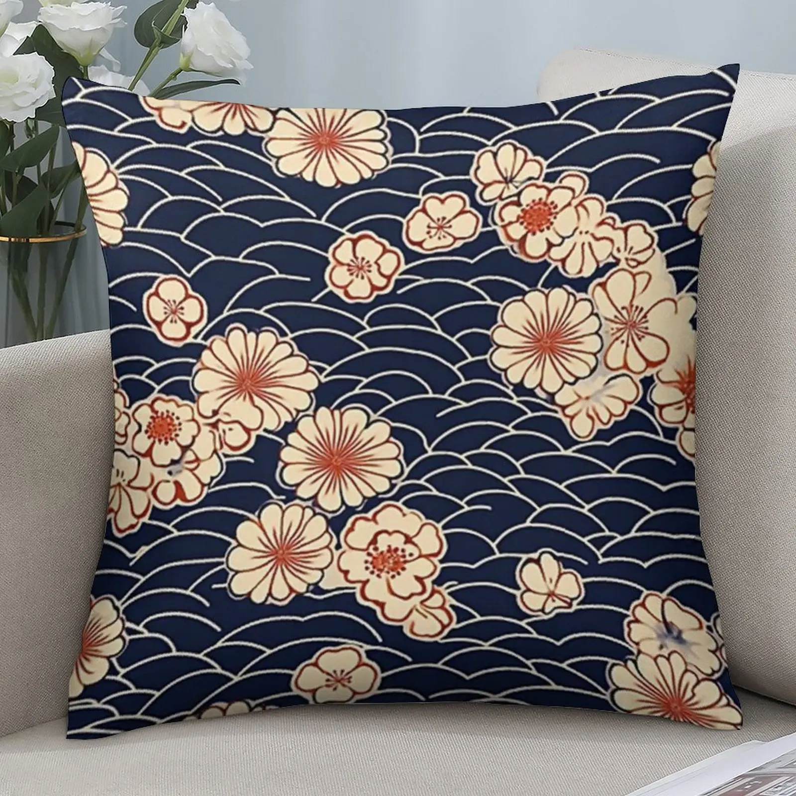 1pc Japanese Kimono Art Throw Pillow Cover, Traditional Floral & Wave Pattern, Navy Blue Home Decor
