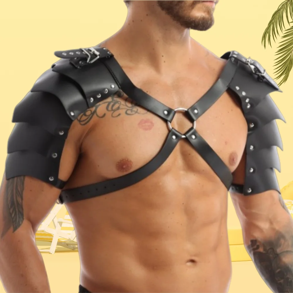 

Men's Leather Restraint Bodice, Adjustable Strappy Shoulder Armor, Double-Shoulder Multi-Panel Strap Decorative Harness