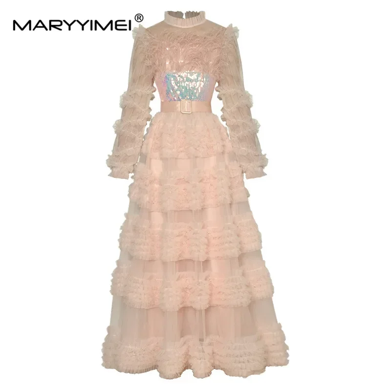 Gedivoen Designer femmes robe col debout bord d'oreille en bois à manches longues plume paillettes Sexy fête élégante robes de gâteau de bal