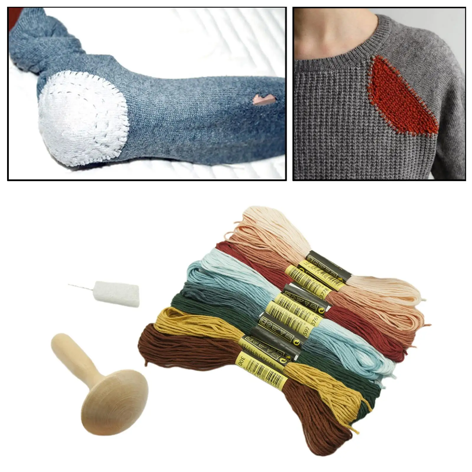 DIY Wooden Darning Mushroom Set with Needle Ten Embroidery Threads for Clothing Mending Knitting Accessories Craft Supply