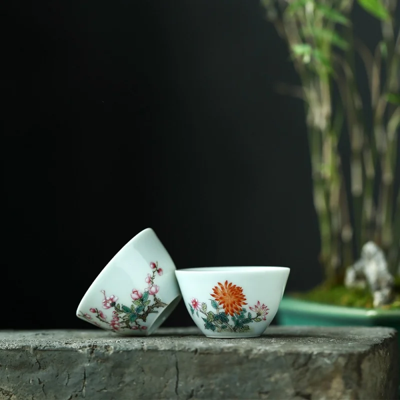 ★Jingdezhen Handcrafted Egg-Shell Hand Painted Pastel Spring Peach Cup Tea Cup Tea Cup Ceramic Tea Set Chinese Retro Style Retro