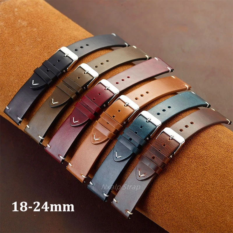 Retro Oil Wax Leather Watch Strap 18mm 19mm 20mm 21mm 22mm 24mm Quick Release Cowhide Watchband Men Women Business Wristband