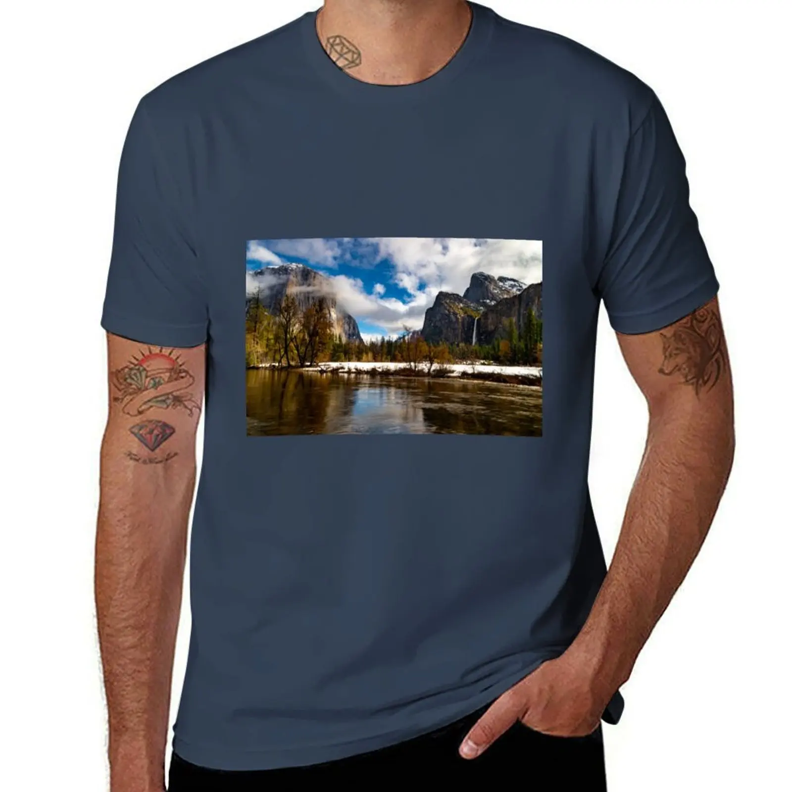 Bridal Veil Falls Merced River T-Shirt Art Pattern Printed Casual Top