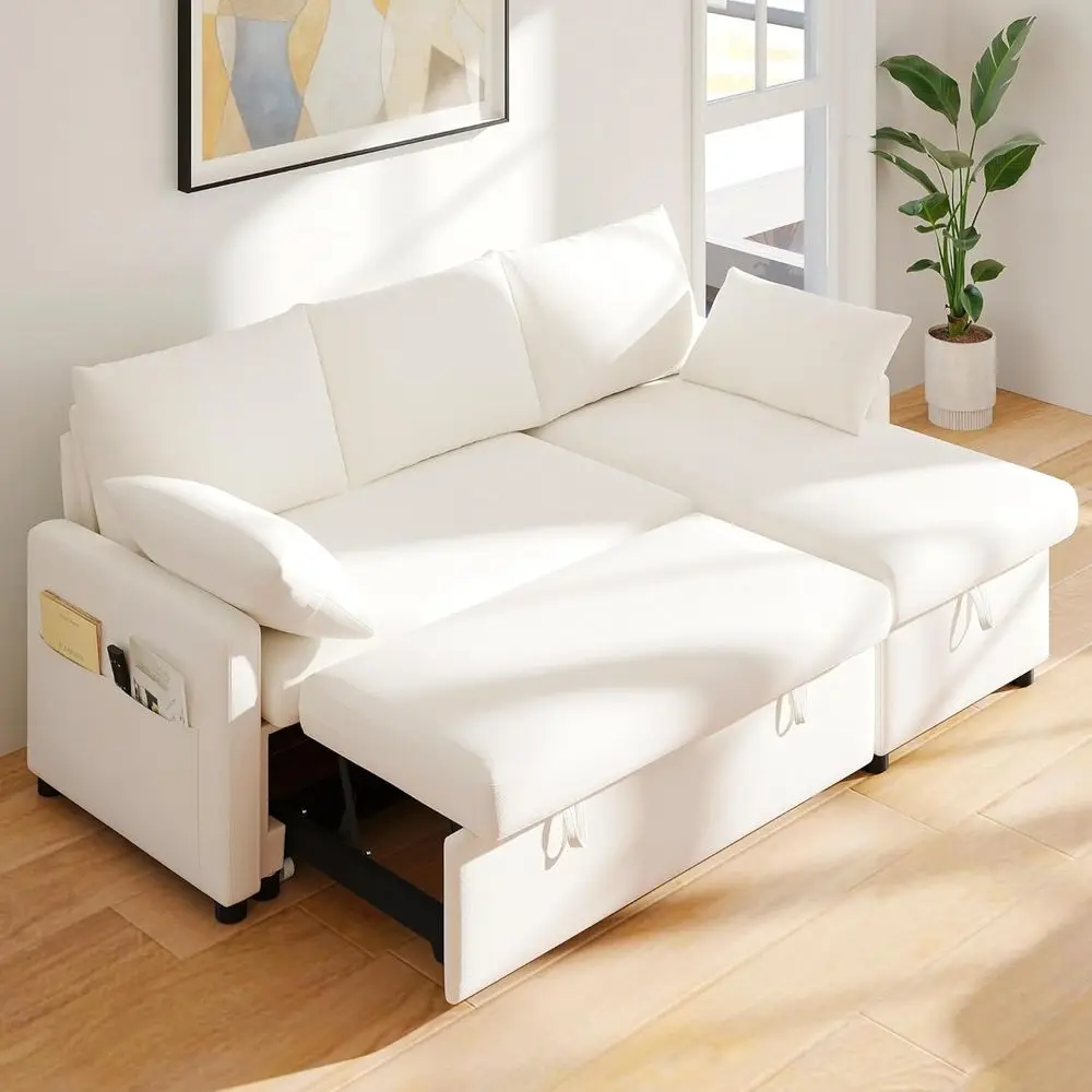 

L-Shaped Chenille Sleeper Sofa with Pull-Out Bed and Storage Chaise for Living Room, Beige