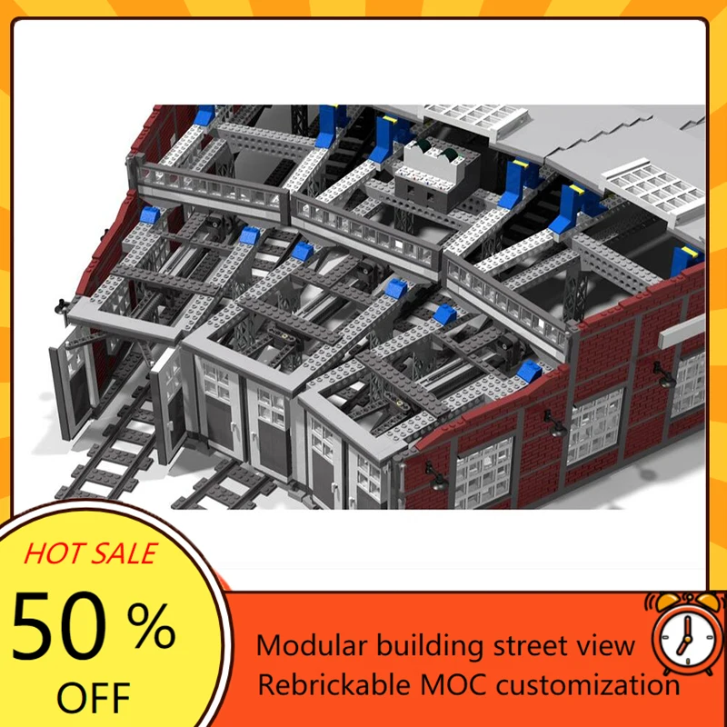 5286PCS MOC Creative Modular Train Station Set with Turntable Roundhouse Custom Custom Puzzle Children's Birthday Christmas Toys