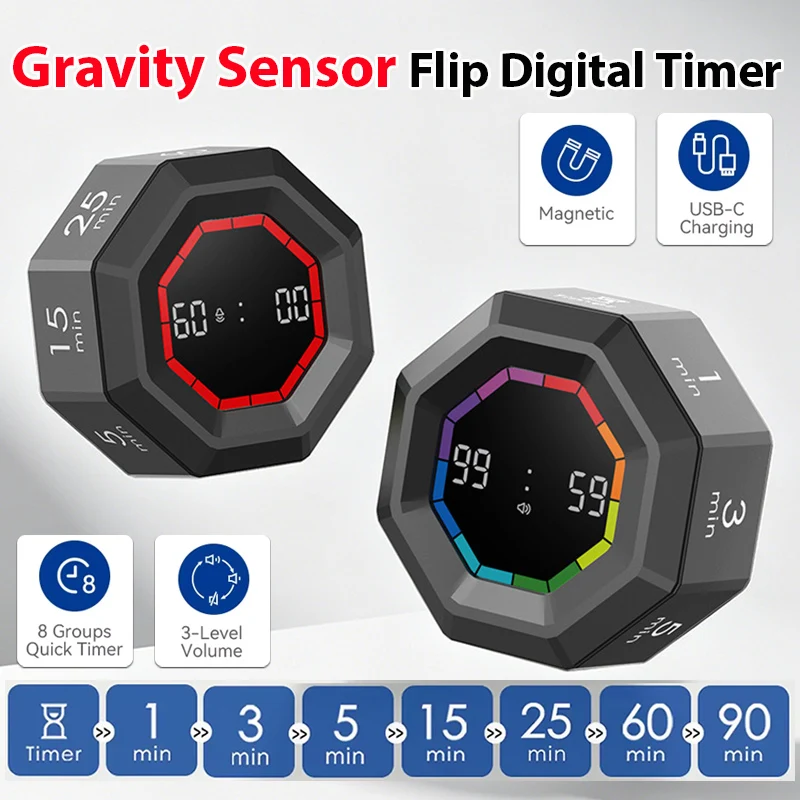 Gravity Sensor Digital Flip Timer 7 Preset Time Count Up/Down Rechargeable Magnetic Kitchen Timer for Home School Study Office