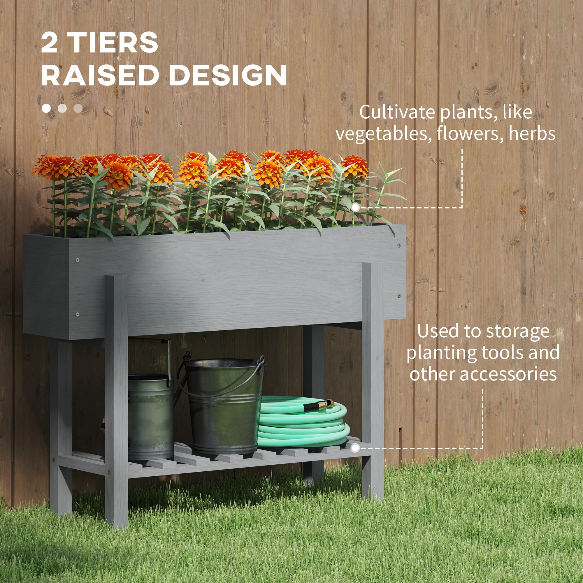 Wooden Raised Garden Bed with Bed Liner, Storage Shelf, Gray
