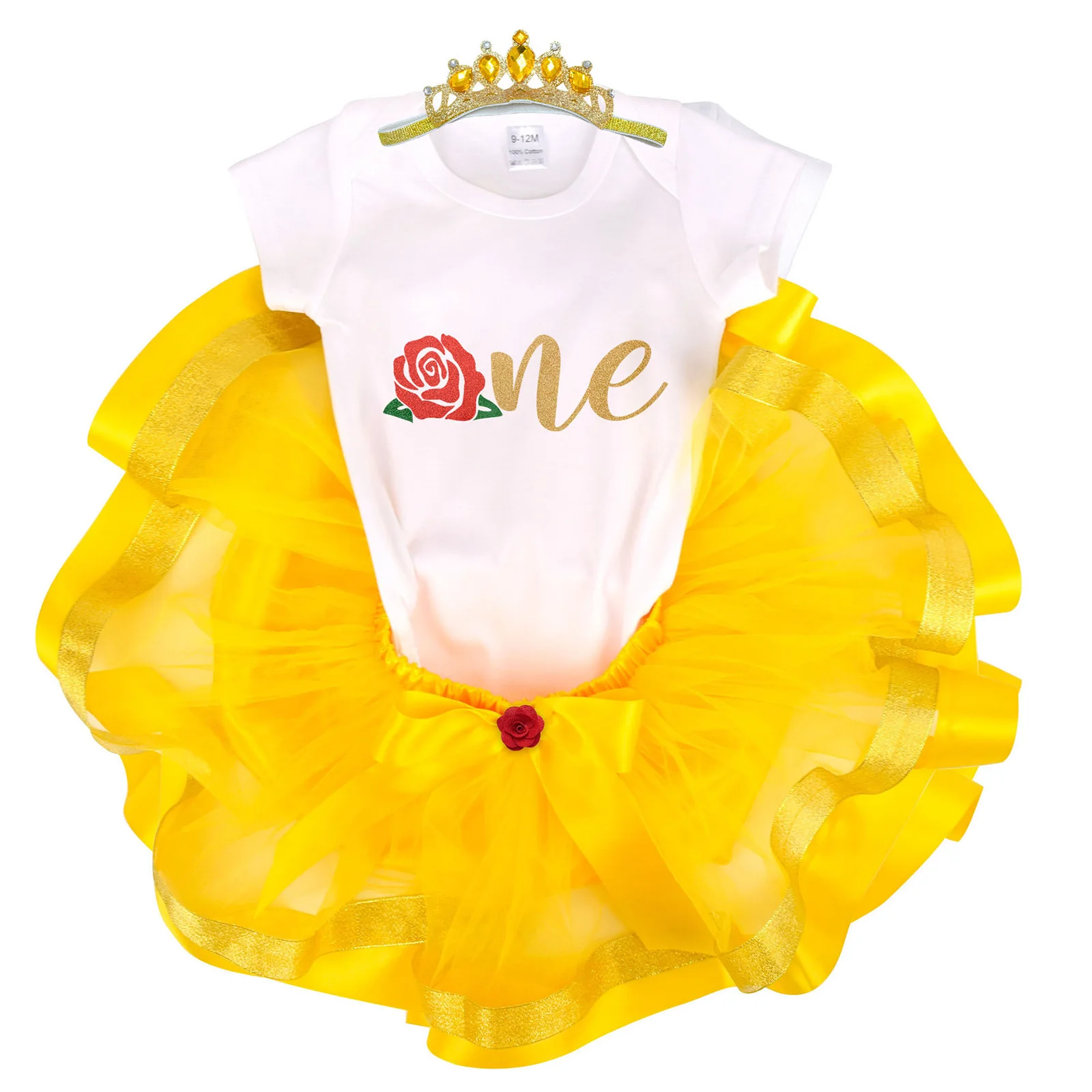 Infant Baby Girls One Year Birthday Clothes Outfit Short Sleeve Letter Printed Romper with Princess Tutu Skirt Crown Headband