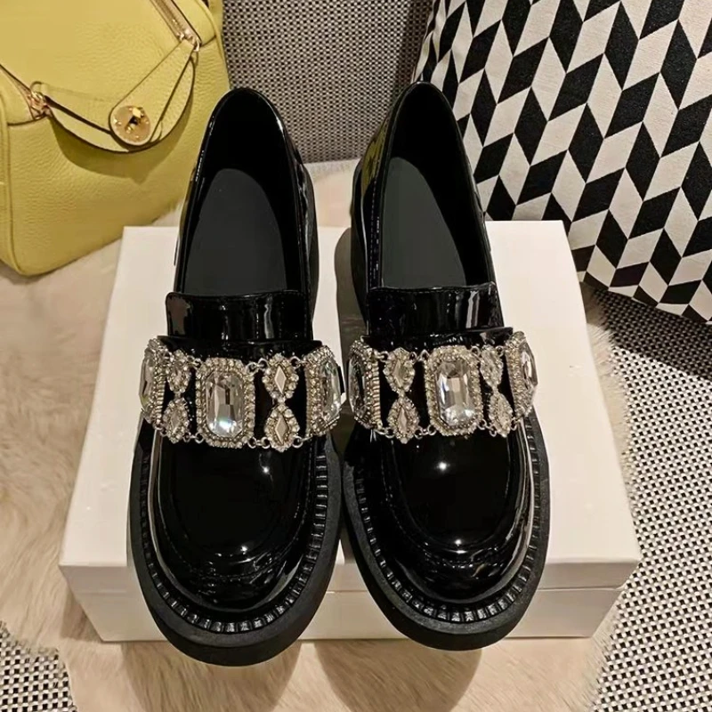 Rhinestone Platform Mary Jane Shoes Women Pumps New Black Thick Bottom Loafers JK Uniforms Fashion Crystal Chunky Loafers Female