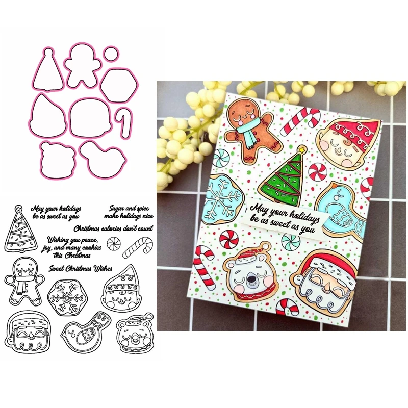 

Christmas Gingerbread Man Candy Cane Cookies Cutting Dies Sweet Wishes Clear Stamps for DIY Scrapbooking Paper Craft Cards