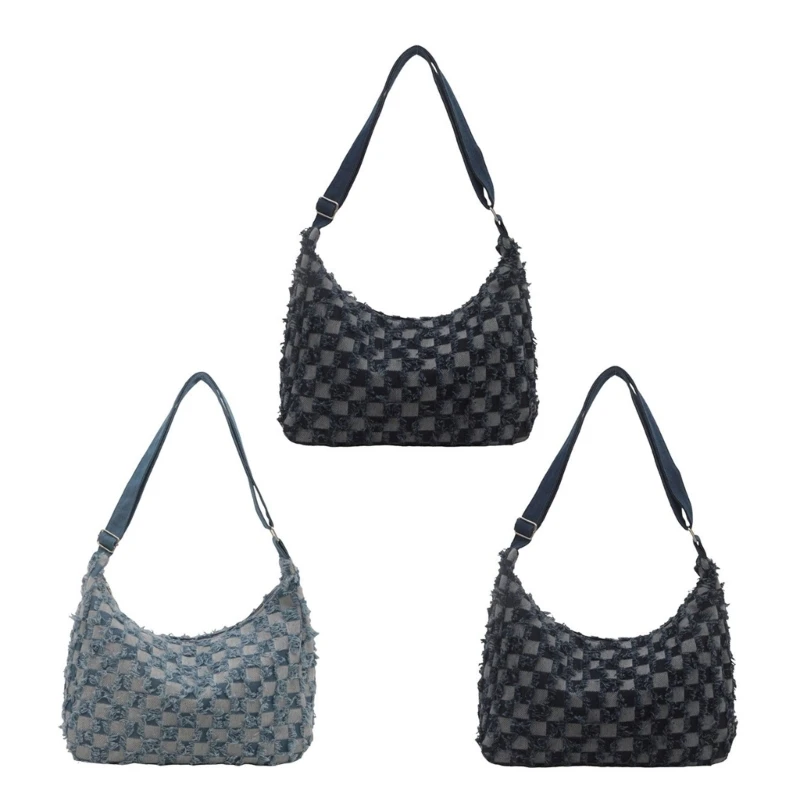 Women Fashionable Adjustable Strap Jean Shoulder Bag Denims Checkered Distessed Large Crossbody Handbag for Everyday Use