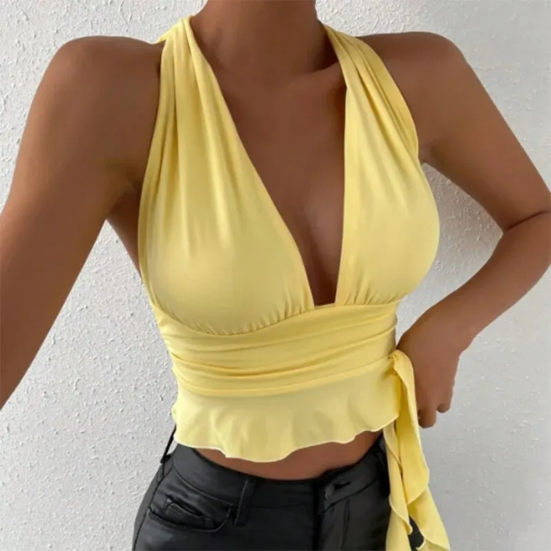 Women\'s Sexy Tight Fitting Deep V-neck Pleated Top Tight Fitting 2024 Spring Beach Resort Nightclub New Model Women\'s Sexy Tigh