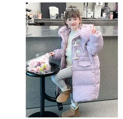 Girls Mid Length Cotton Jacket Winter 2024 New Trendy Baby Cotton Jacket with Large Fur Collar Children Winter Clothing