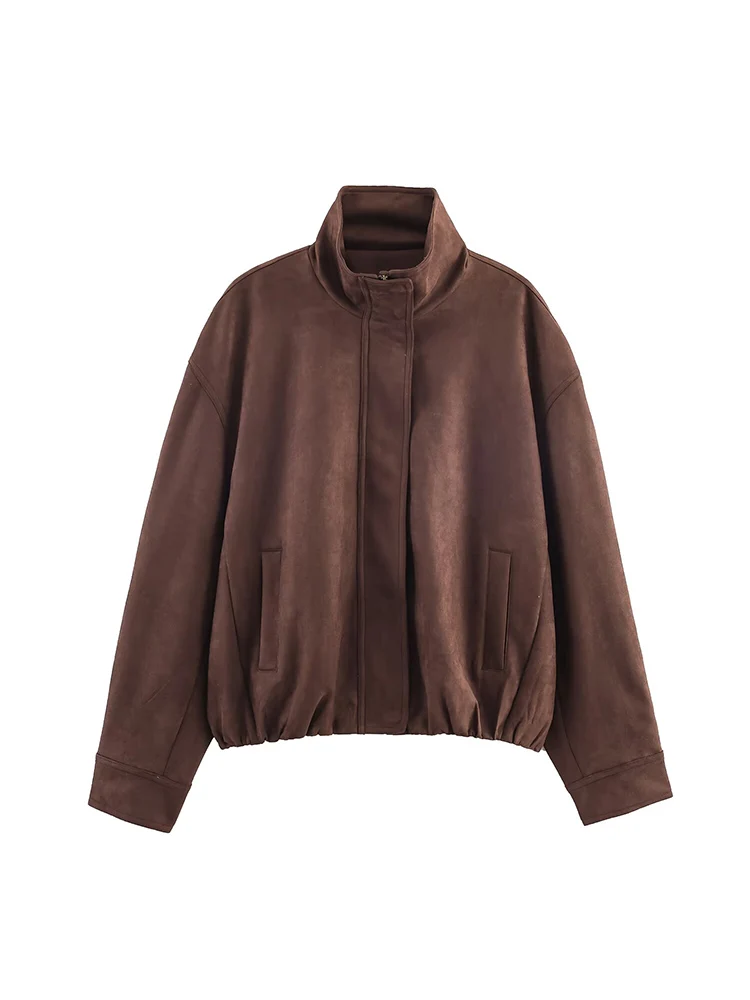 

European and American style women's autumn new fashion trend leisure simple all-match solid color suede zipper leather jacket