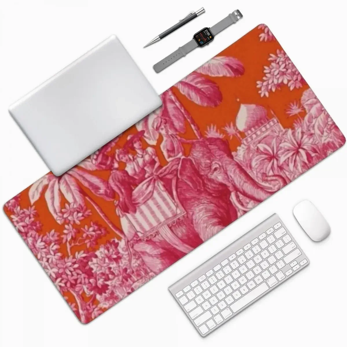 Toile De Jouy - Pink And Orange Large Mouse Pad Computer Keyboard Mouse Mat Gaming PC Laptop Desk Mat Accessories Table Mats