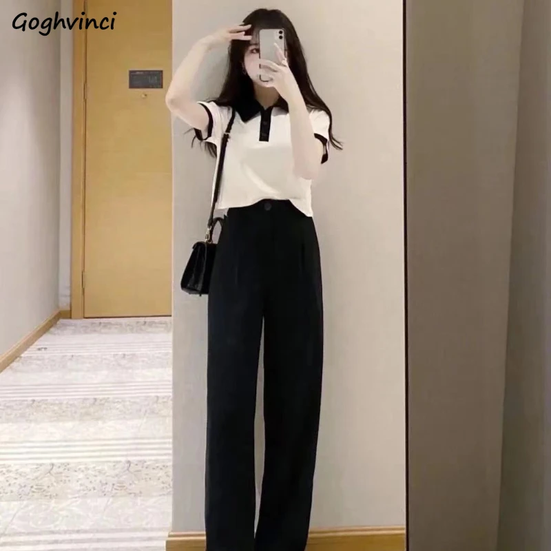 

Women Sets 2021 Summer Simple Korean Style Turn-down Collar Short Sleeve T-shirt High Waist Wide Leg Button Fly Soft TrouserS