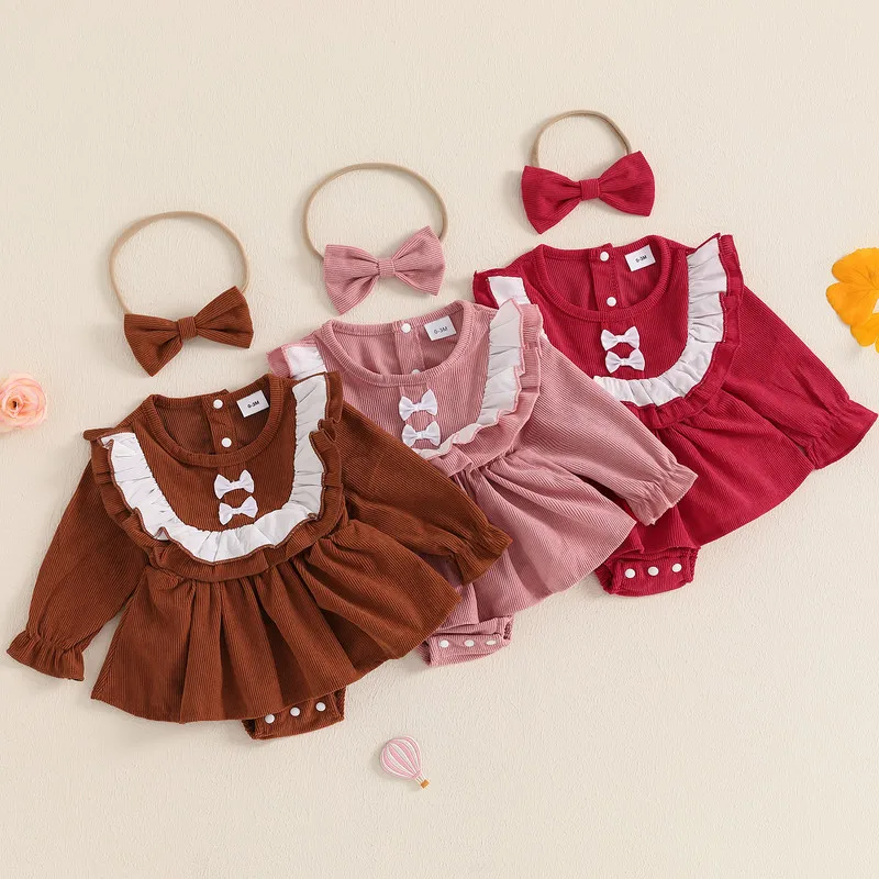 

0 to 18 Months Baby Girl Bodysuit Dress Spring Autumn Clothes Ruffled Long Sleeve Crew Neck Bow Jumpsuit with Headband