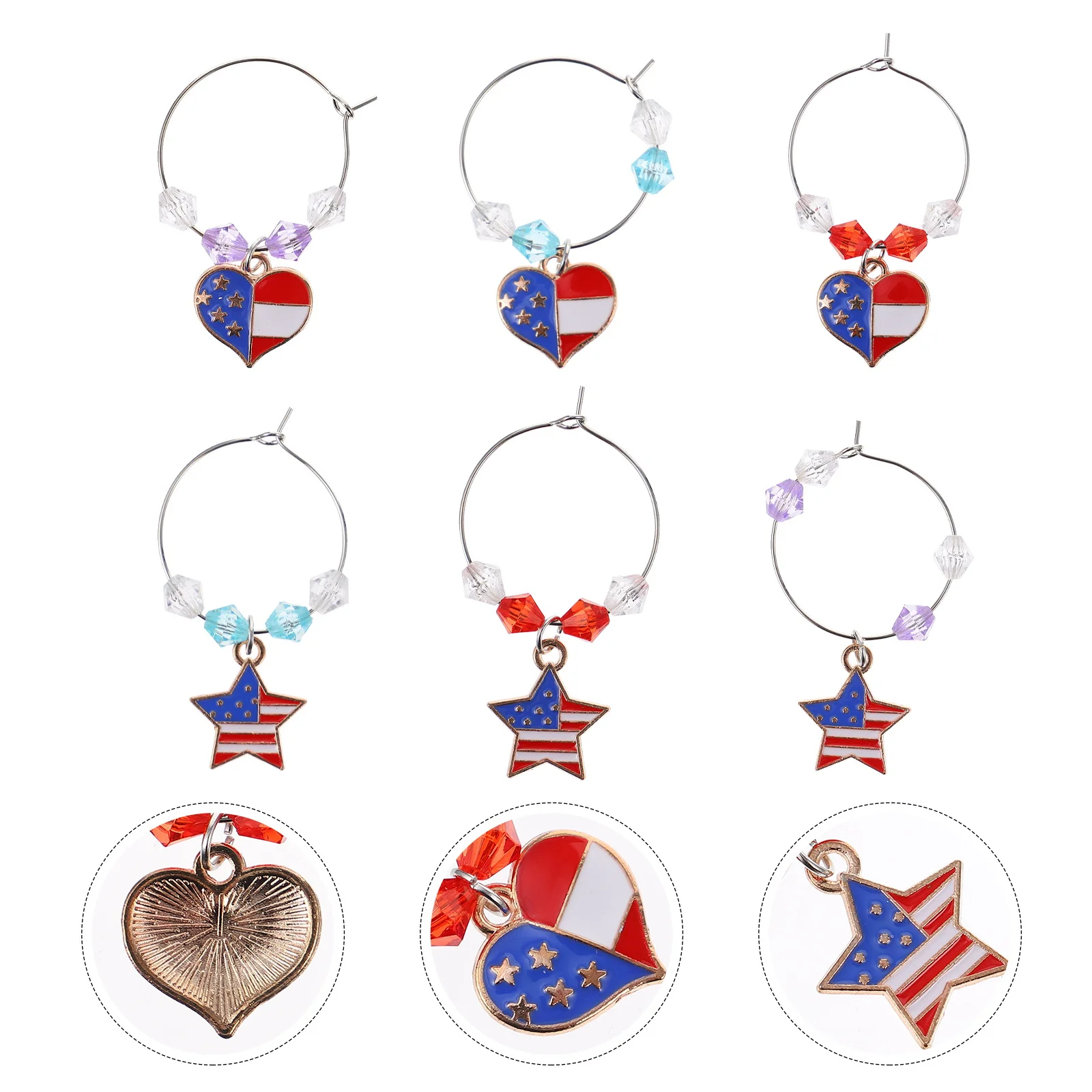 

6pcs Heart Wine Glass Rings Independence Day Party Decorations Premium Metal Cup Markers For Bar Accessories Goblet Charms