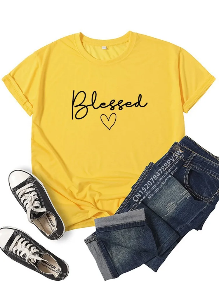 Blessed coração impressão t-shirts das mulheres roupas de verão t camisa harajuku gráfico t casual manga curta topos para a menina