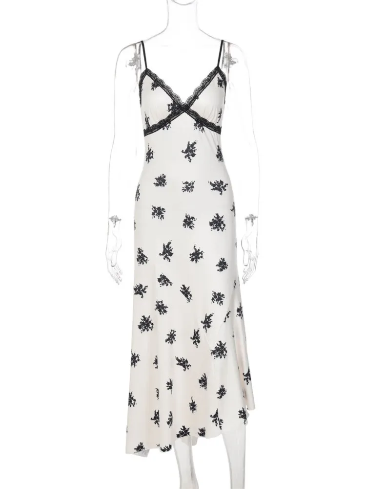 

Dresses For Woman French Sexy Patchwork Vestidos Lace V-neck Sleeveless Fashion Printed Slim Long Suspender Dress Simple Style