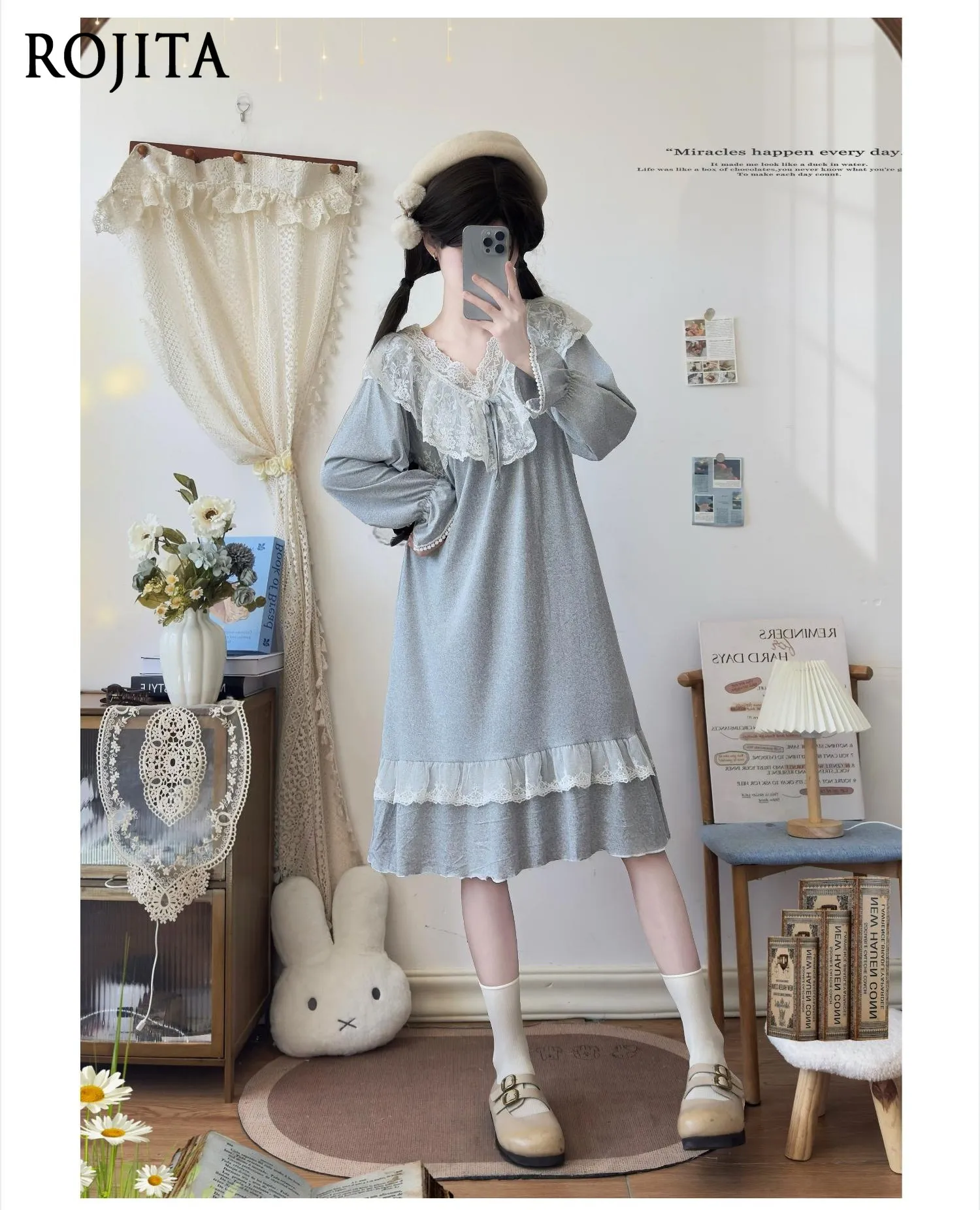 Cotton Nightdress Women's Long-sleeved V-neck Lace Hollowed-out Princess Style Can Be Worn Outside Loungewea Mid-length Dress