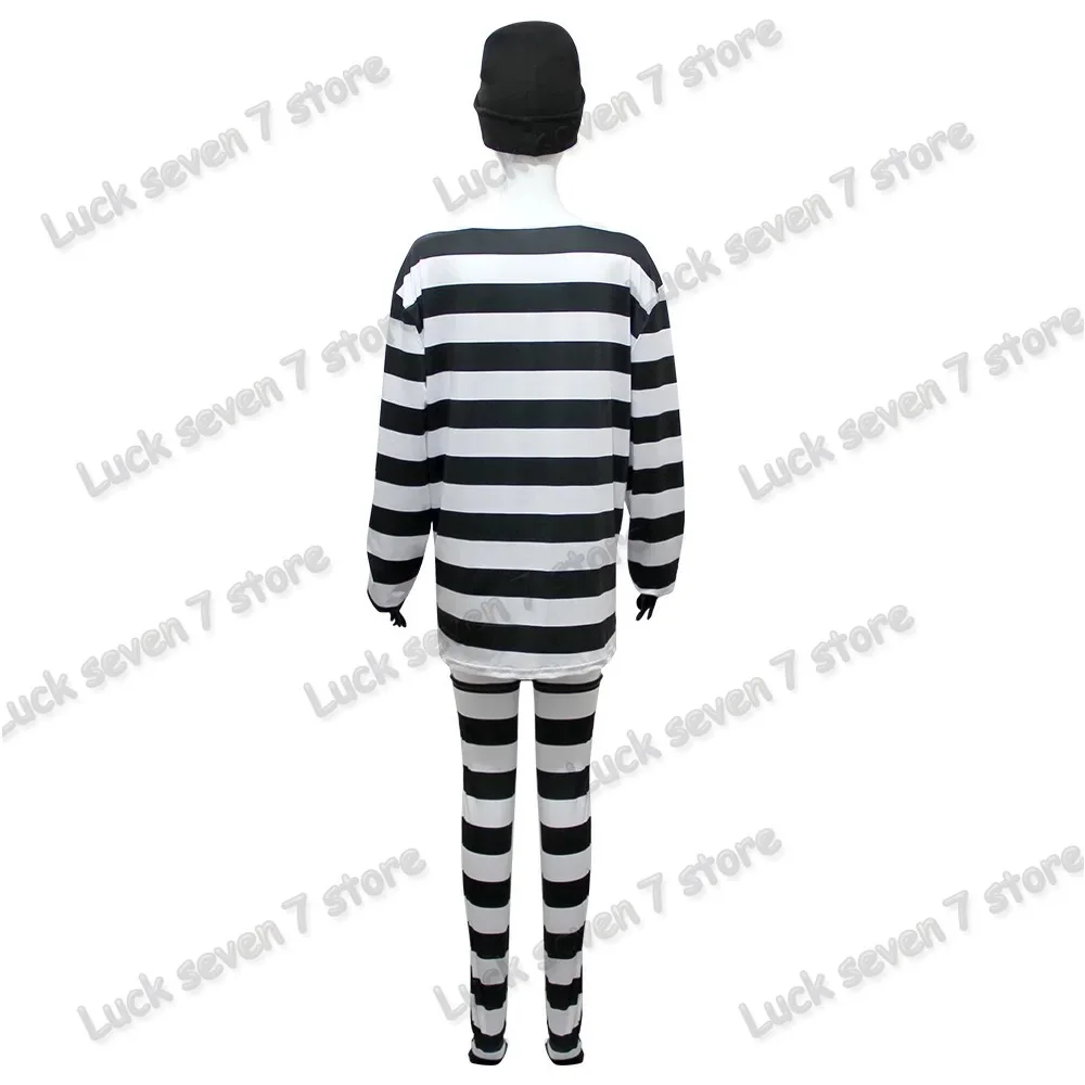 Thief Convict คอสเพลย์เครื่องแต่งกายผู้ใหญ่ผู้หญิง Stripe Top Stocking หมวกชุด Halloween Prisoner Carnival Party เครื่องแต่งกายชุด