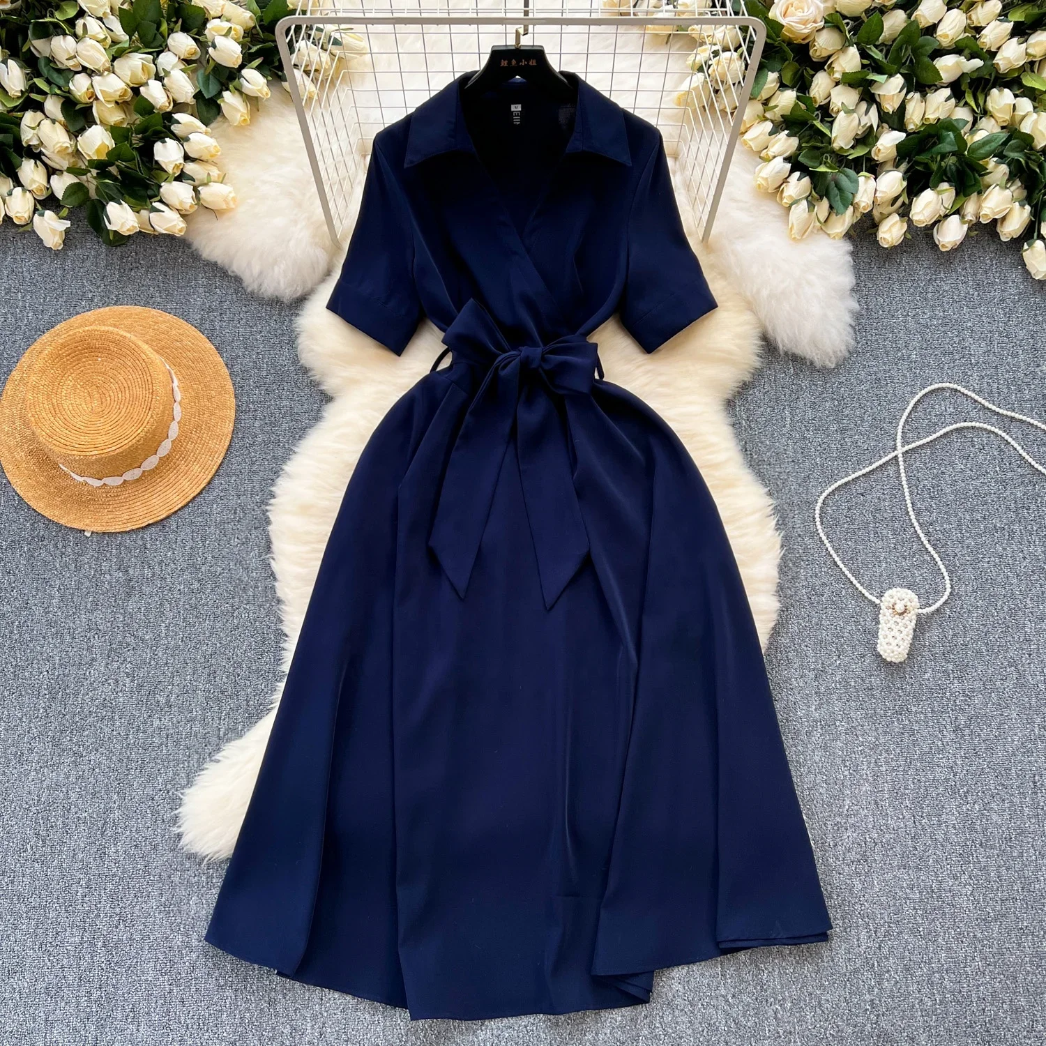 Commuter women's dress 2024 new light mature style temperament tie waist short sleeved skirt for ladies to wear long skirt