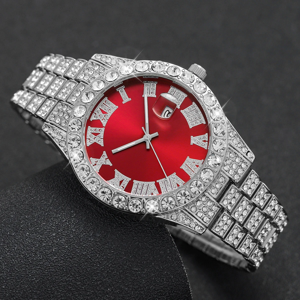 Montre à quartz à bande d'acier avec bracelet en argent pour homme, ensemble de diamants de luxe, mode hip hop, 2 pièces par ensemble