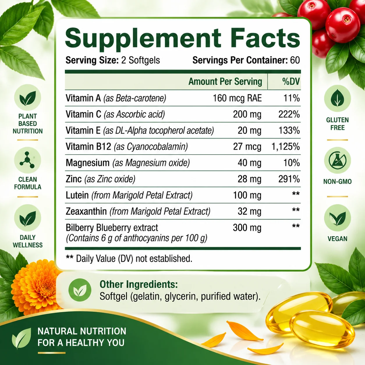 Lingonberries Lutein Capsule - Antioxidant, Protect Eye, Supports Retinal and Macula Health, Improve Visual Clarity, Immunity
