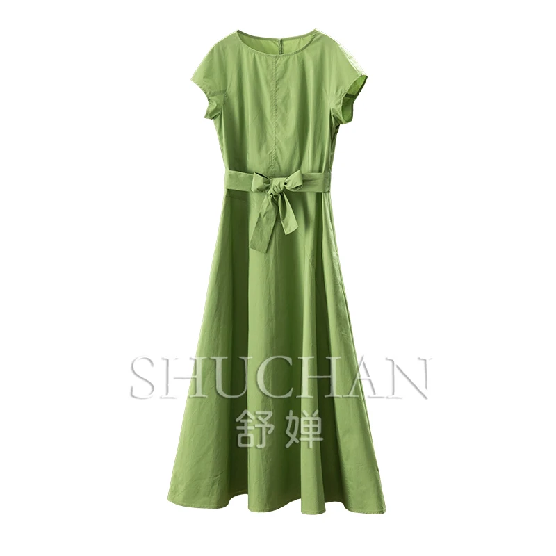 

New Temperament Commuter Cut 100 Cotton Lace Up Waist Bag Sleeve Dress Women 1Y48 Women Dress