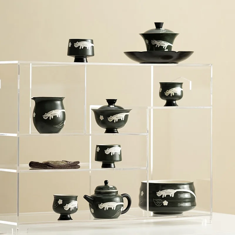 Ручная роспись, фарфоровый гавайский набор с милым котом для чайных цветов, чайная посуда, чашка, китайские зеленые миски, набор для чайной церемонии чая, лилия