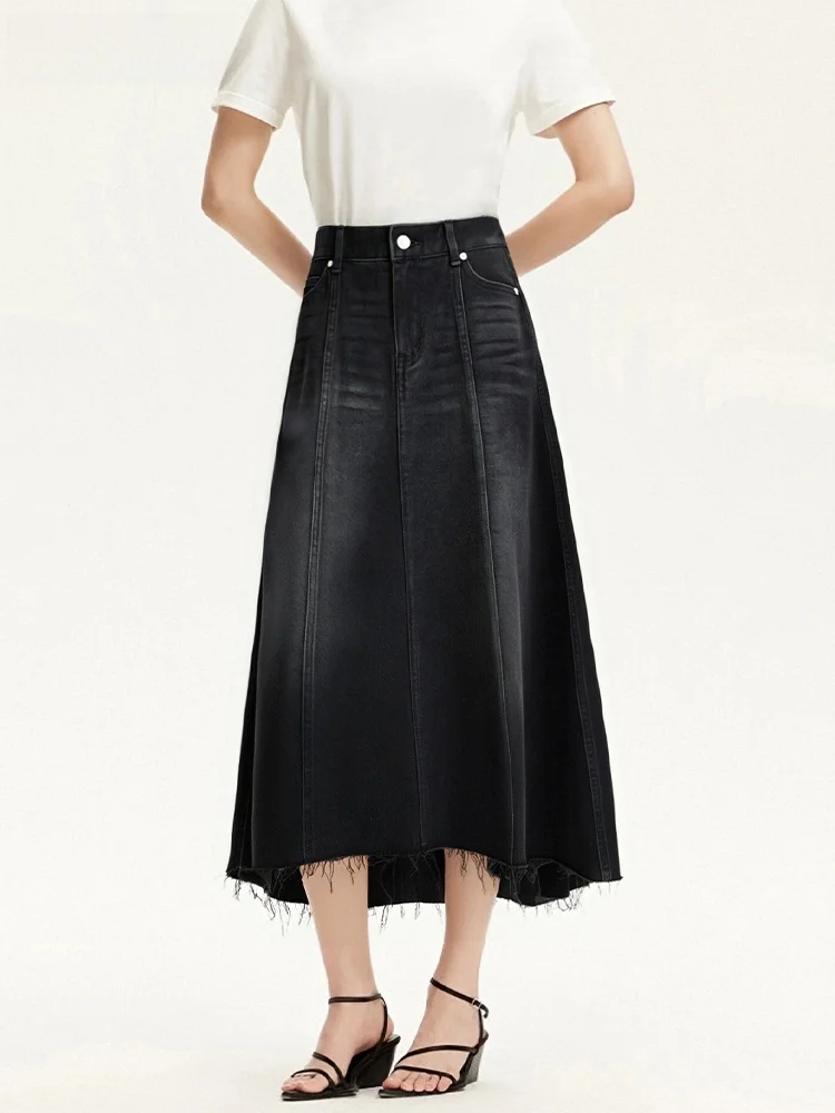 

High Waist Bla Asymmetrical Hem Denim Skirt Women's Loose Fit Mid-Length A-Line Skirt Cotton Polyester Blend Summer New Arr...