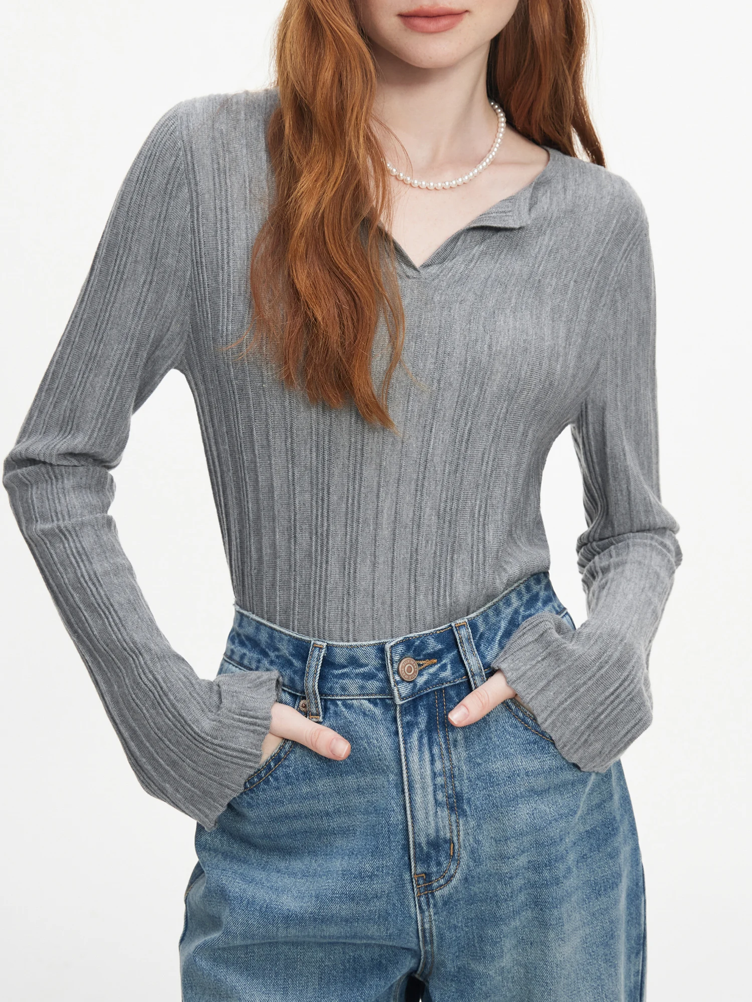 FSLE-Pull à col en V avec tricots en laine texturée pour femme, pull avec un nouveau design à manches évasées, automne 2024, 24FS13