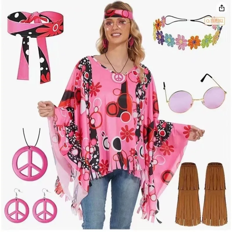 

Retro Disco Hippie 60s 70s Cosplay Costume Women Shawl Peace Love Girl Hip Indian Tassel Hiphop Cloak Halloween Carnival Clothes