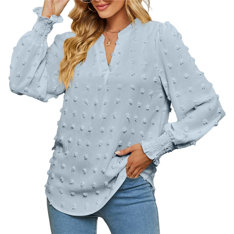 

ABP-Womens Dot V Neck Ruffle Sleeve Blouse Flowy Shirts Casual Solid Work Tops