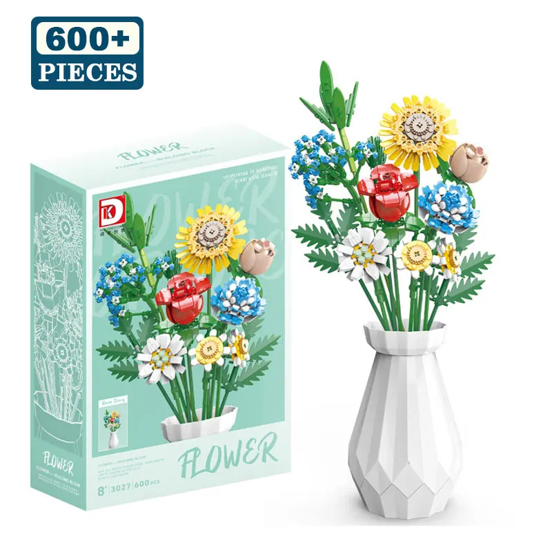 

Preserved Rose and Sunflower Building Set with Vase Children Educational Building Block Toy DIY Home Decor Birthday Gift