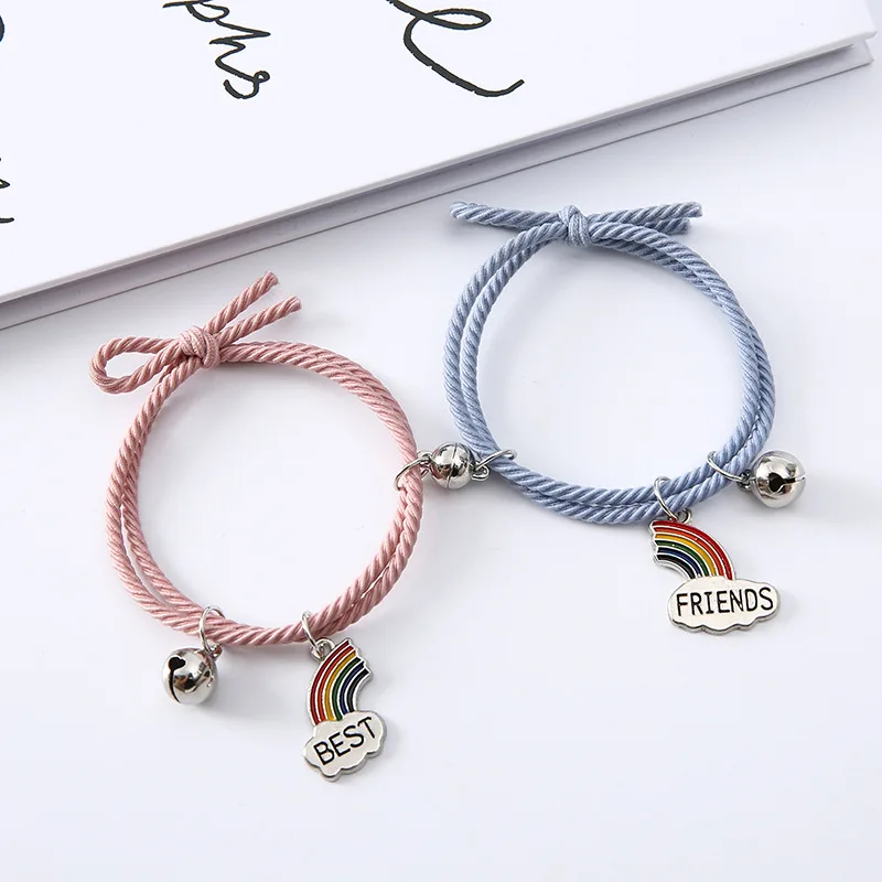 1 Pair Magnet Attract Couple Bracelet Rainbow Bell Pendant Friendship Jewelry Adjustable Braided Rope Bangle for Women Men