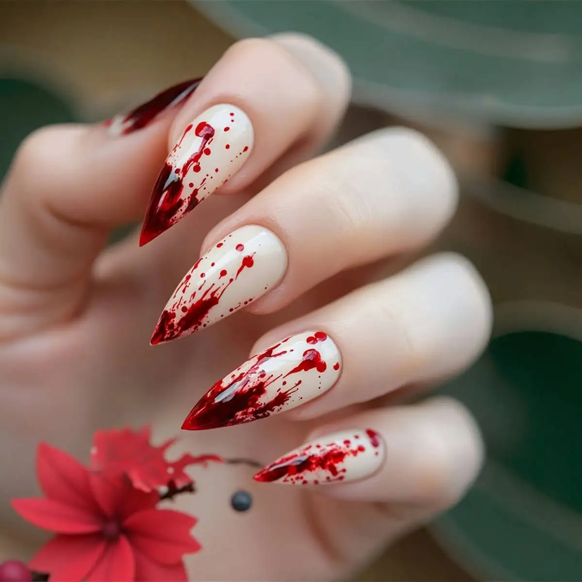 

24pcs Halloween Pressed Nails Almond Shape Milky White Bloodstain Full Cover Reusable False Nails for Women Holiday Party Nail A