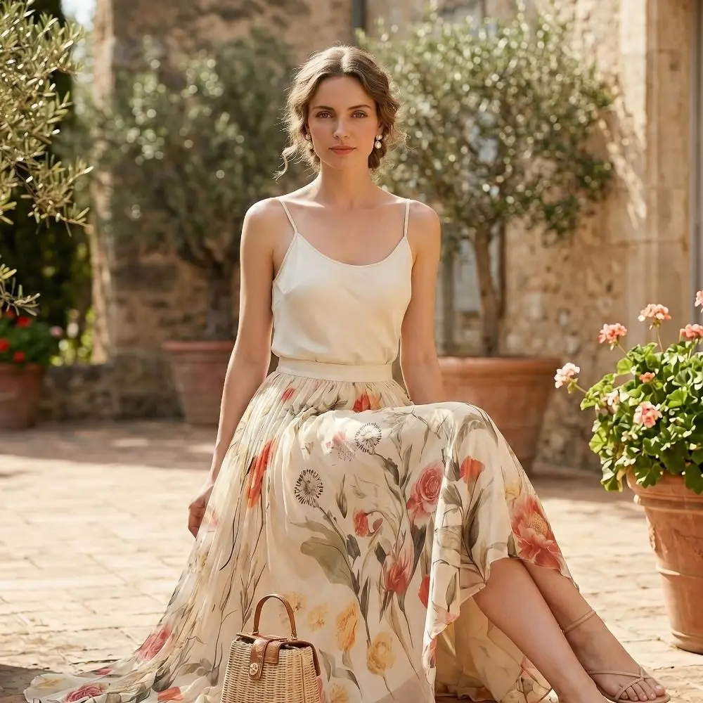 

Fashionable Elastic Waist Women Printed A-line Skirt Pleated Mesh Overlay Long Skirt Flower Embroidery High Waist Skirts Travel