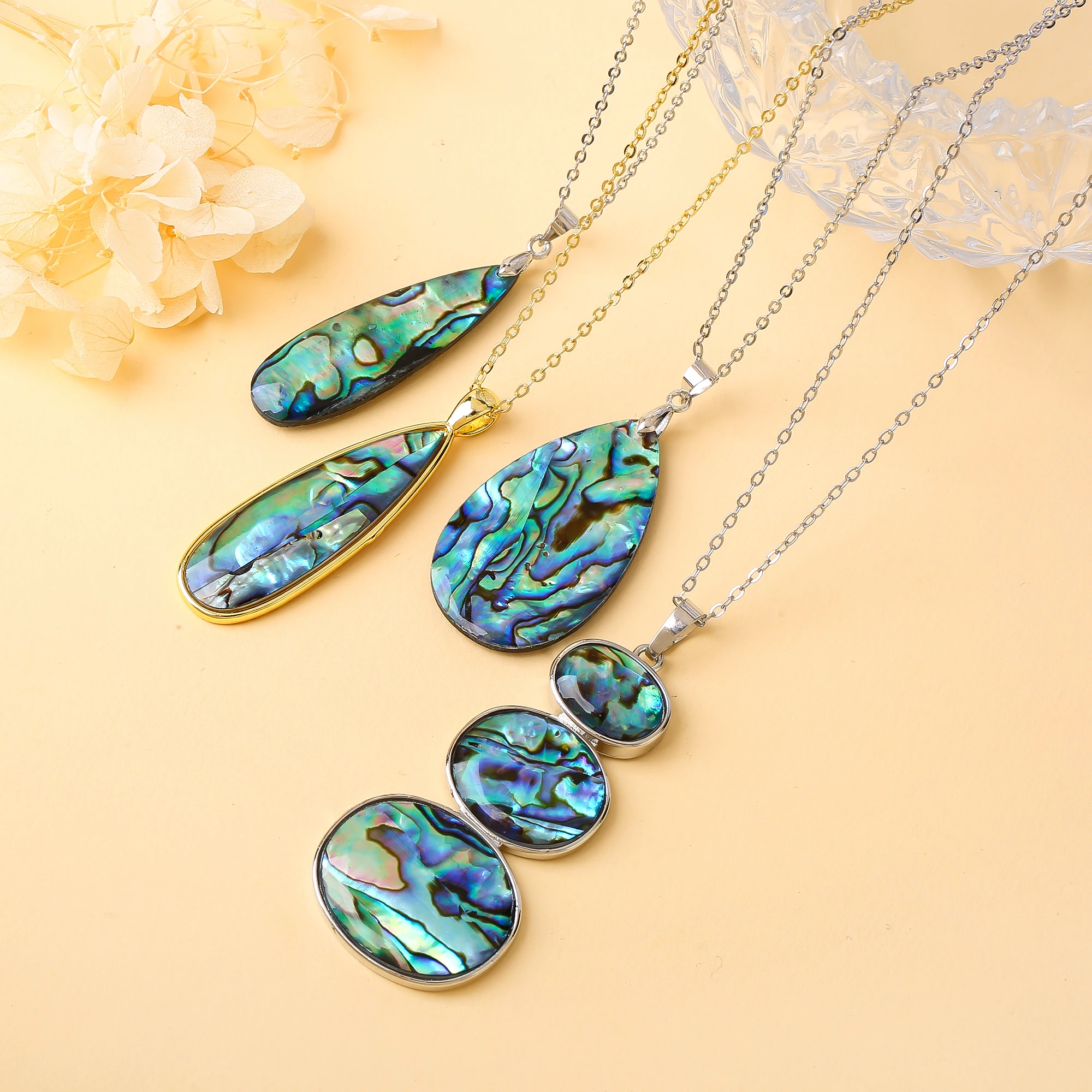 Minimalist Natural Abalone Shell Large Teardrop Oval Charm Necklace for Women's Beach Wedding Party Charms Jewelry Accessories