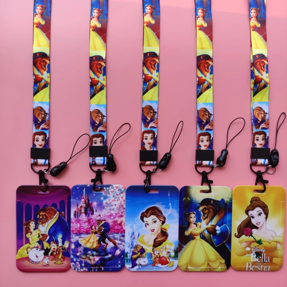 Disney Beauty and the Beast ID Card Holder Lanyard Anime Credential Badge Holders Belle Card Case Necktie Bank Cardholders