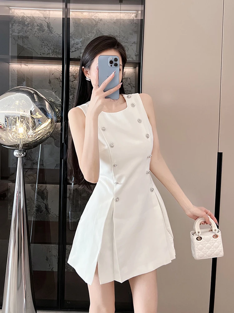 

Elegant Double-Breasted Sleeveless Dress Women's Fashion 2025 Spring New High Waist A-Line Skirt Style Date Dress